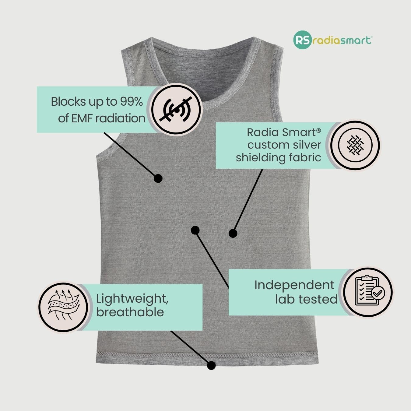 Radia Smart® Singlet Tank Top Singlet S, EMF Protection for Children Unisex- Soft Cotton with Faraday Shielding Fabric… Grey