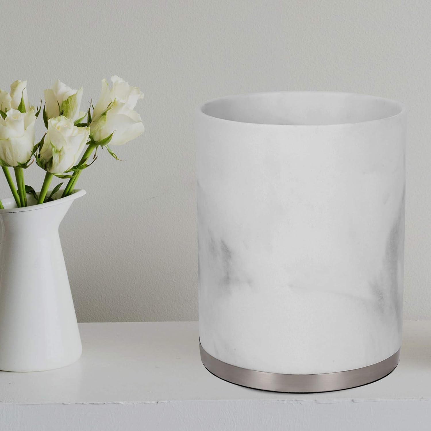 nu steel Misty Silver Wastebasket Trash Bin in Resin Marble & Stainless Steel for Bathrooms & Vanity Spaces
