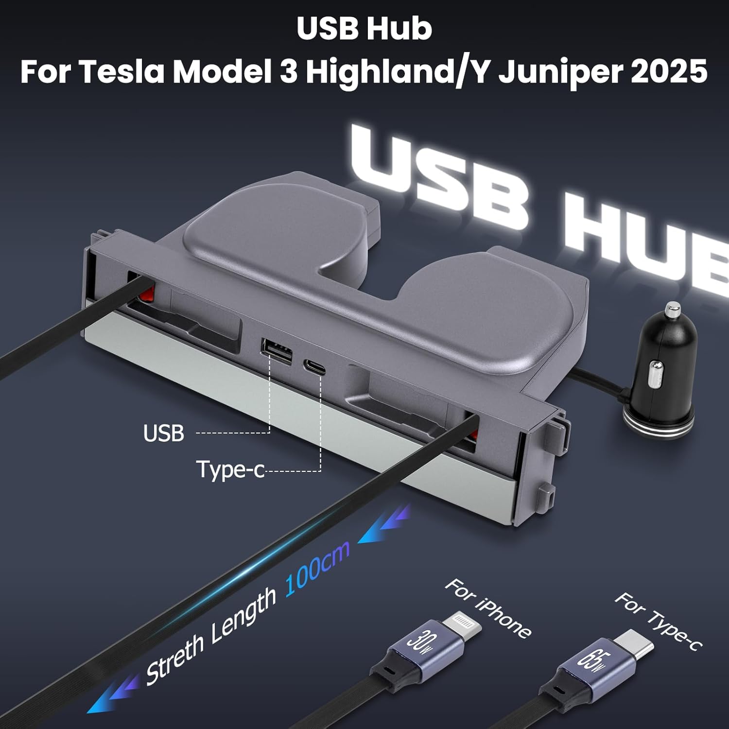 USB Charger Hub Compatible with Tesla Model 3 Highland 2024-2025/Model Y Juniper 2025 2026, 122W 4-Port Retractable Phone Charger Fast Charging Cables for Center Console