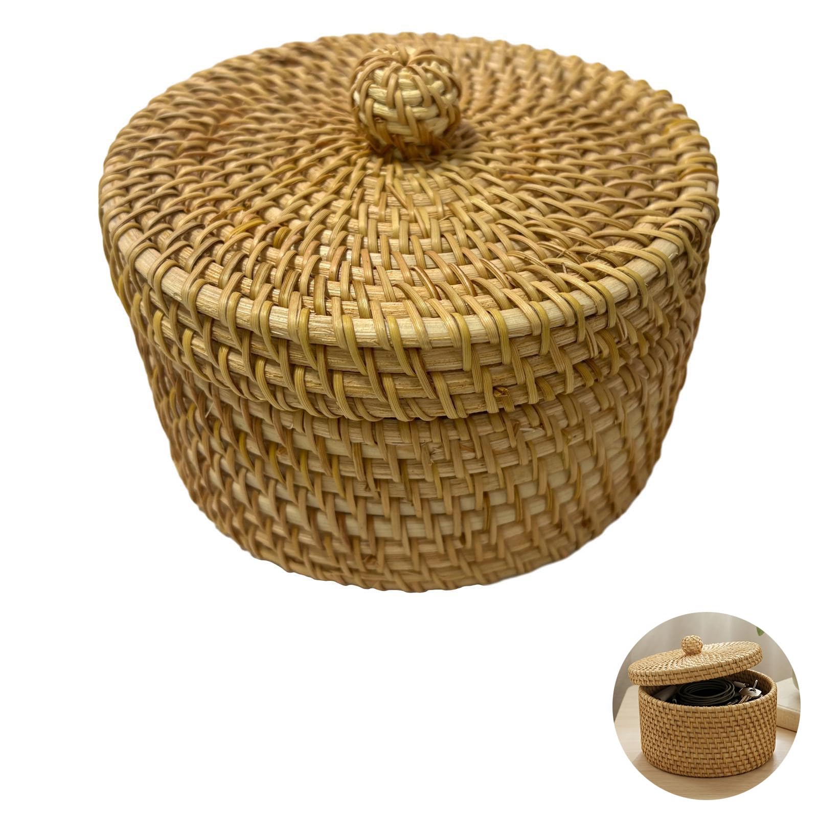 Boîte de rangement ronde en rotin naturel avec couvercle, panier tressé avec poignée boule, petit organisateur en osier, 14 x 8 cm, pour décoration, table, salle de bain, cuisine, bureau