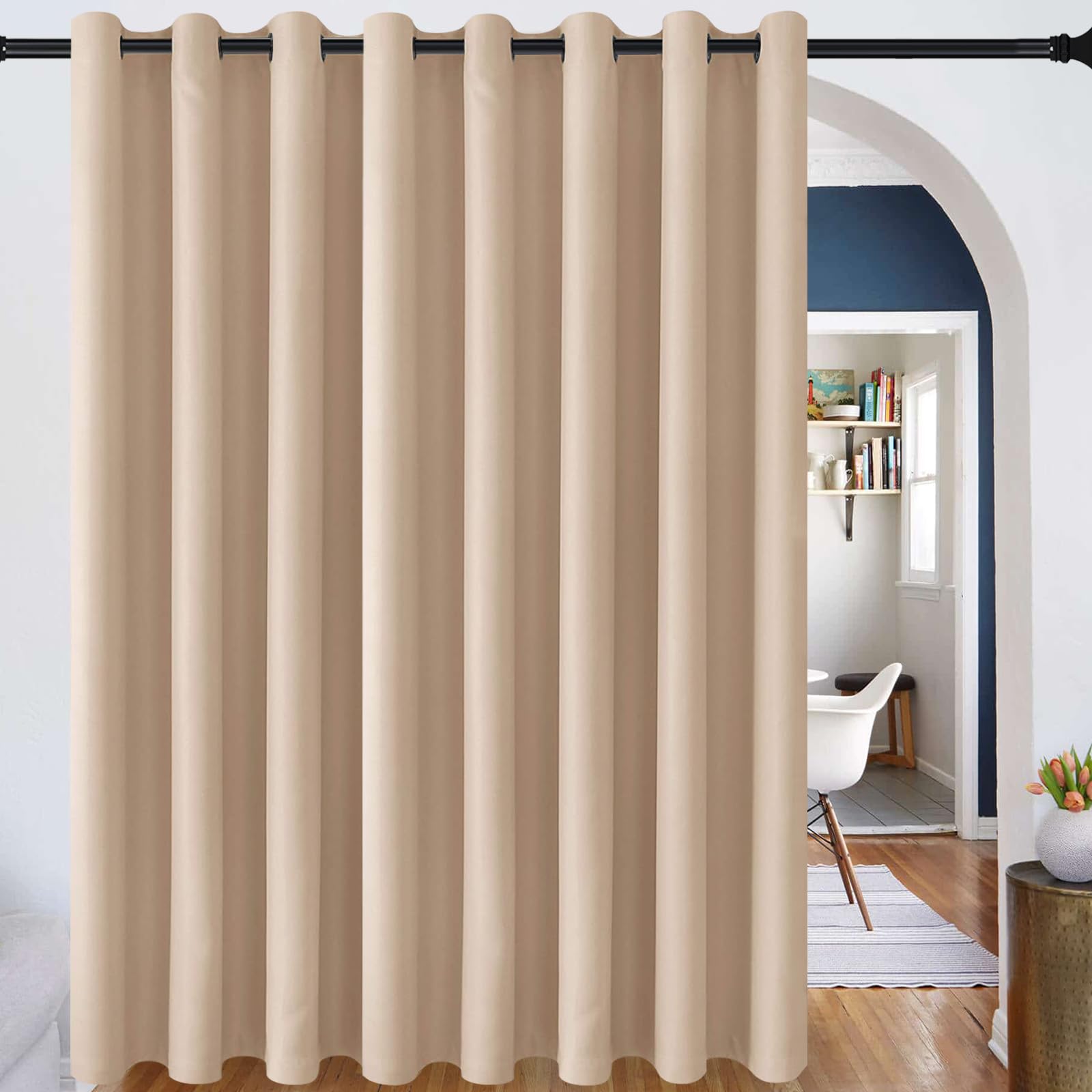 DWCN Beige Blackout Curtain Panel for Bedroom - Thermal Insulated Energy Saving Grommet Total Privacy Drapery for Share Office, Room Divider Big Long Curtain (W12' by L8', 1 PC) — image 1
