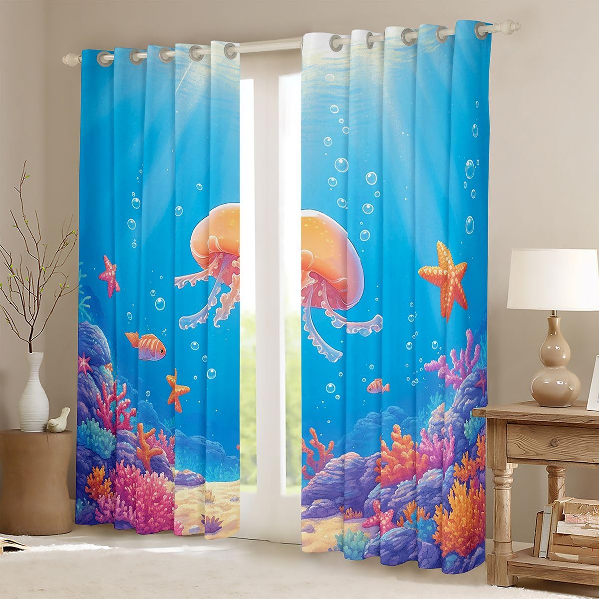 Homemissing Tende oscuranti con meduse per camera da letto e soggiorno, barriera corallina, stelle marine, tende oscuranti a tema oceano, 2 pannelli 116 x 182 cm (larghezza x lunghezza), decorazione