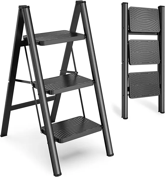 HBTower Step Ladder 3 Step Folding, Small Step Stool for Adults, Closet Step Stool Lightweight Kitchen Ladder 3 Step Ladder with Anti-Slip Wide Pedals, Black