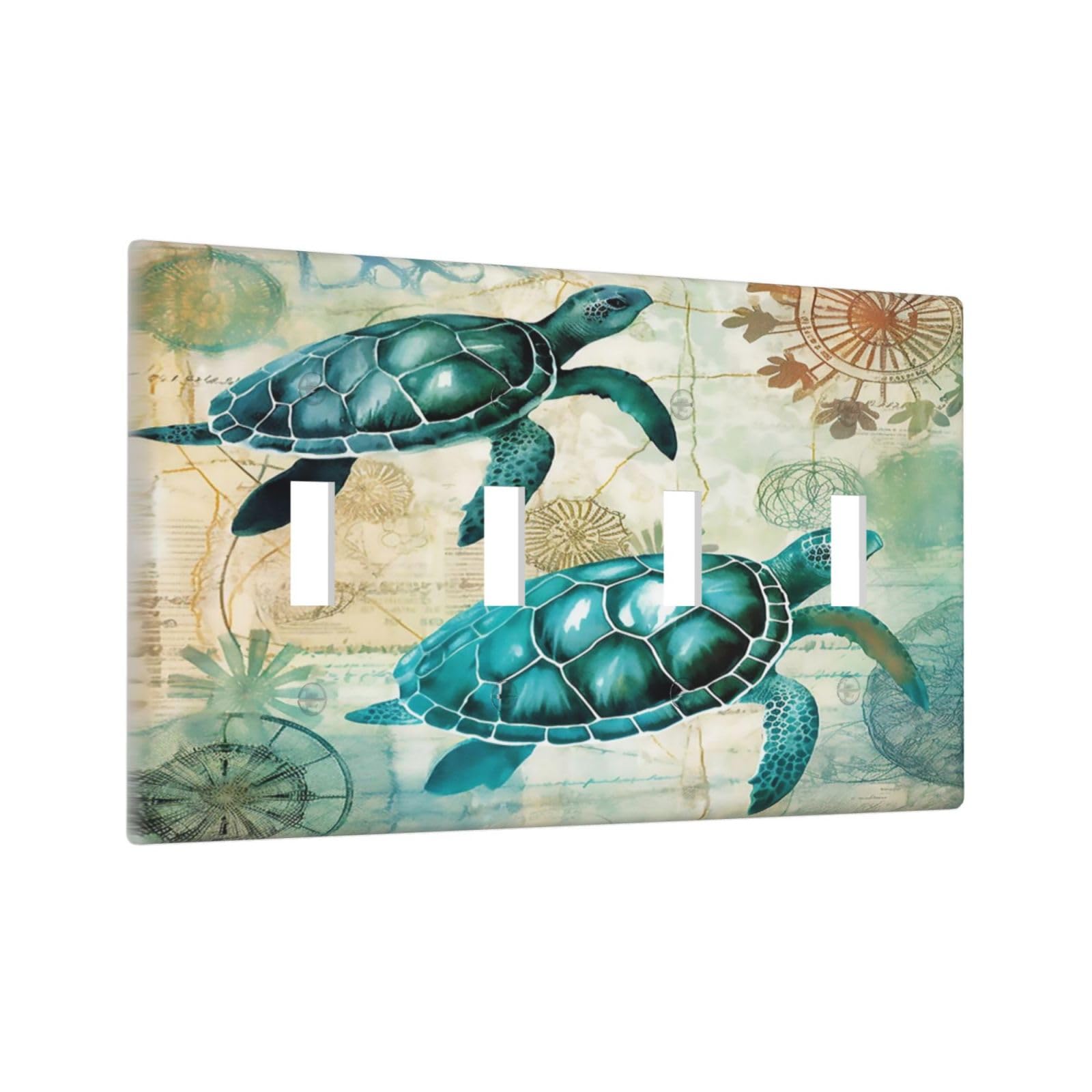 Map Nautical Turtle 4 Gang Light Switch Cover Abstract Decorative Quad Toggle Wall Plate Decorative Electrical Faceplate for Bathroom