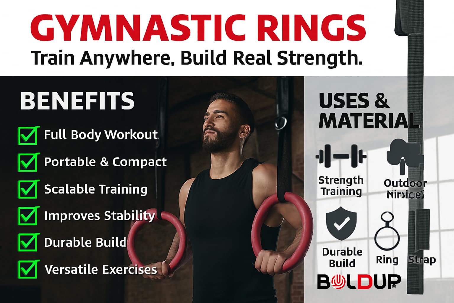 BOLDUP Strong Metal Gym Ring Handle for Playground Swing and Climbing Equipment | Long-Lasting Red-Coated Ring with Hanging Hook for Indoor and Outdoor Fitness for Children and Adults(Pack of 2) 3