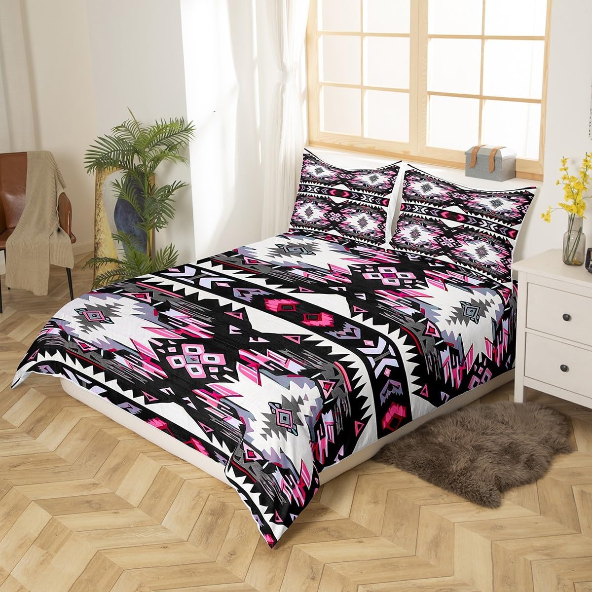 Feelyou Black Southwestern Bedding Set King Size Geometric Comforter Cover Set Tribal Western Decor Native American Design Duvet Cover Stripe Line Bedspread Cover Room Decor Quilt Cover(No Comforter)