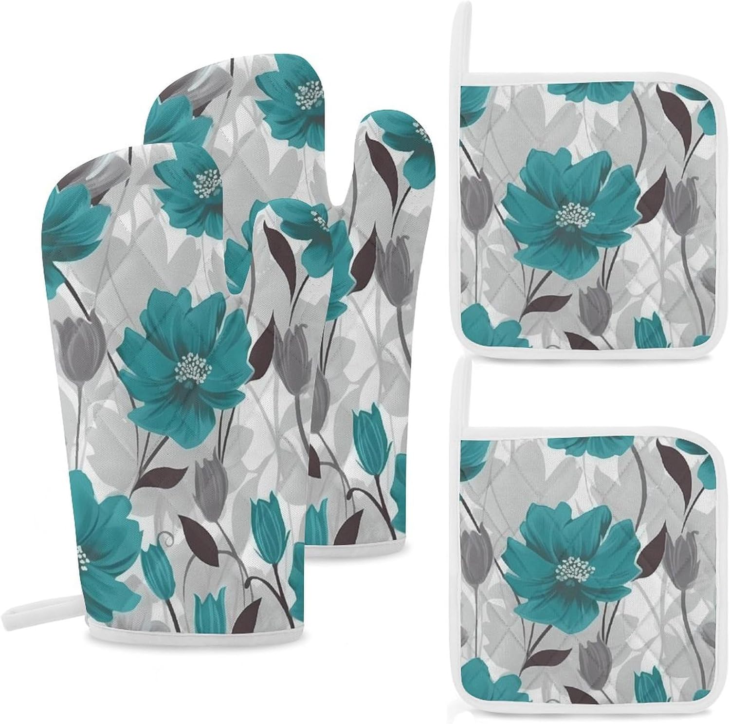 Oven Mitts Pot Holders Kitchen Teal Grey and White Floral Heat Resistant Oven Glove for Baking and Cooking