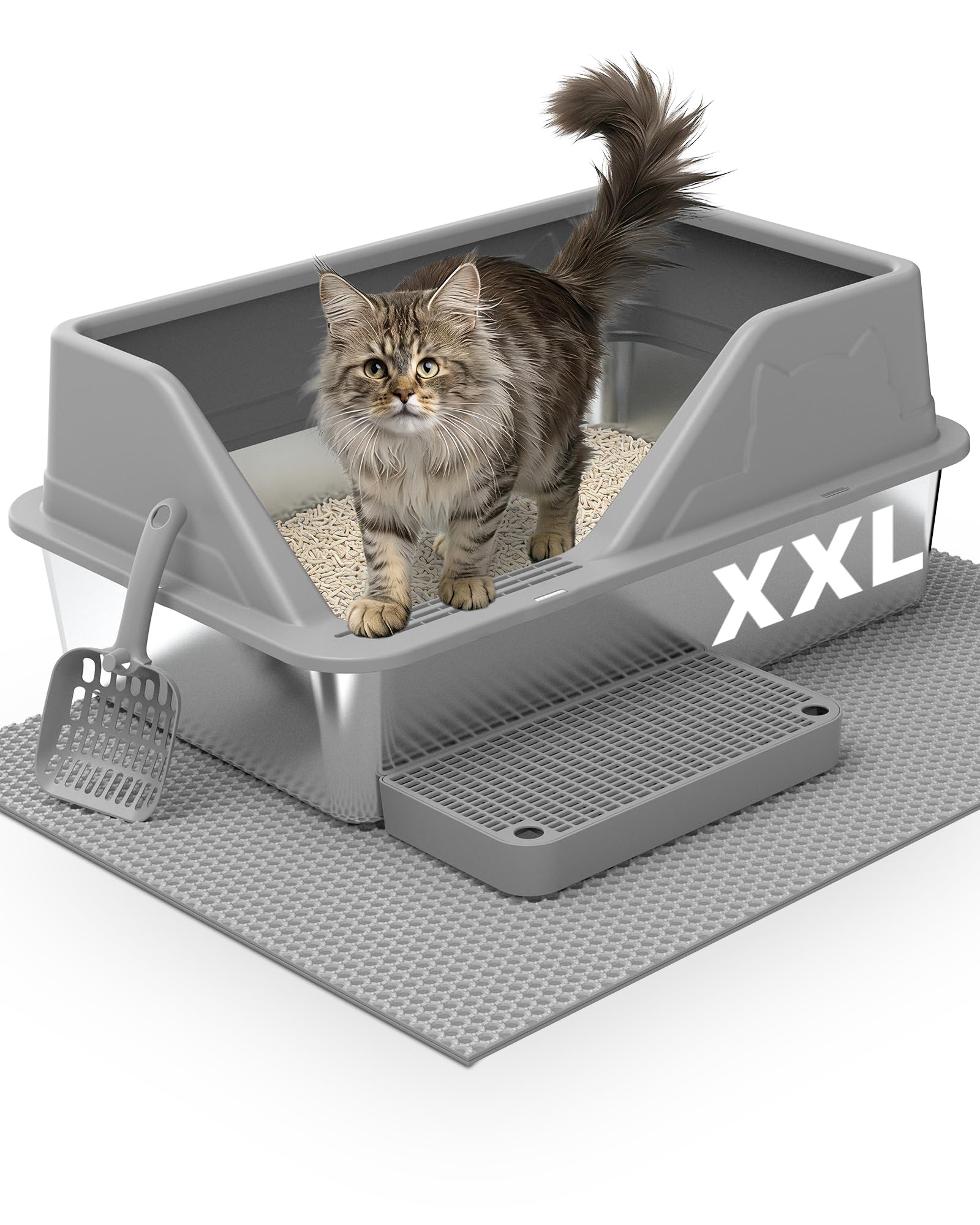 Stainless Steel Litter Box XL for Big Cats, Large Metal Cat Litter Box, High Sided Stainless Steel Pan Litterbox, Easy Clean Non-Stick, Included Scoop & Pedal & Mat, Dark Grey - 1