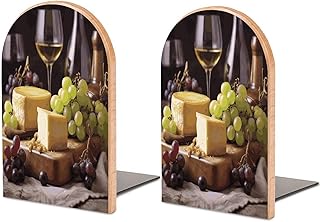White Wine Cheese Cake Grapes Wood Bookends Decorative Non-Slip Bookends Heavy Duty Book Ends Modern Book Ends for Books Movies Office Desk Non-Skid Home Magazines