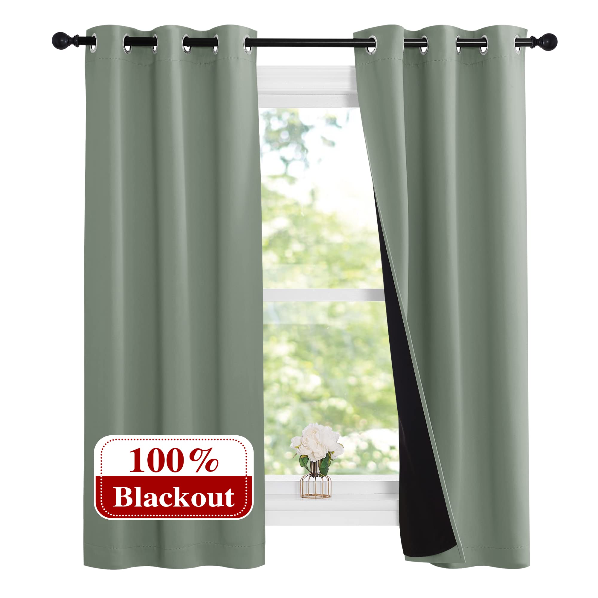 NICETOWN Greyish Green 100% Blackout Lined Curtains, 2 Thick Layers Narrow Wide Window Treatment Panels Thermal Insulated Drapes for Kitchen Small Window (1 Pair, 37" Width x 63" Length Each Panel)