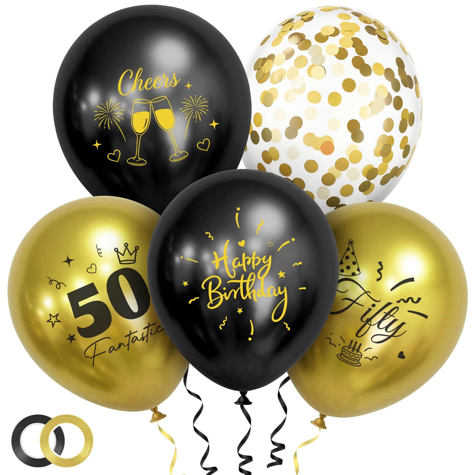 OFFCUP Black Gold 50th Birthday Balloons, 30pcs Birthday Decorations for Men and Women with Ribbon, 12inch Happy 50 Year Old Birthday Balloons for Birthday Party Supplies