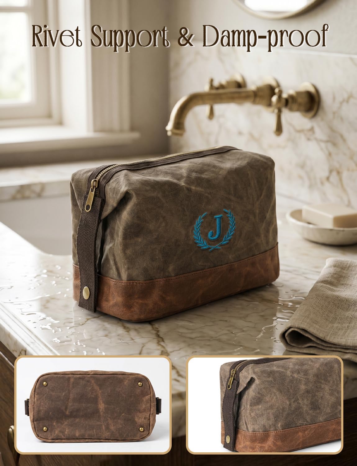 Personalized Toiletry Bag Fathers Day Birthday Gifts for Men, Large Waxed Canvas Travel Dopp Kit Monogrammed Initial Embroidery, Waterproof Shaving Case for Road Trip Camping Weekend Hiking Letter J
