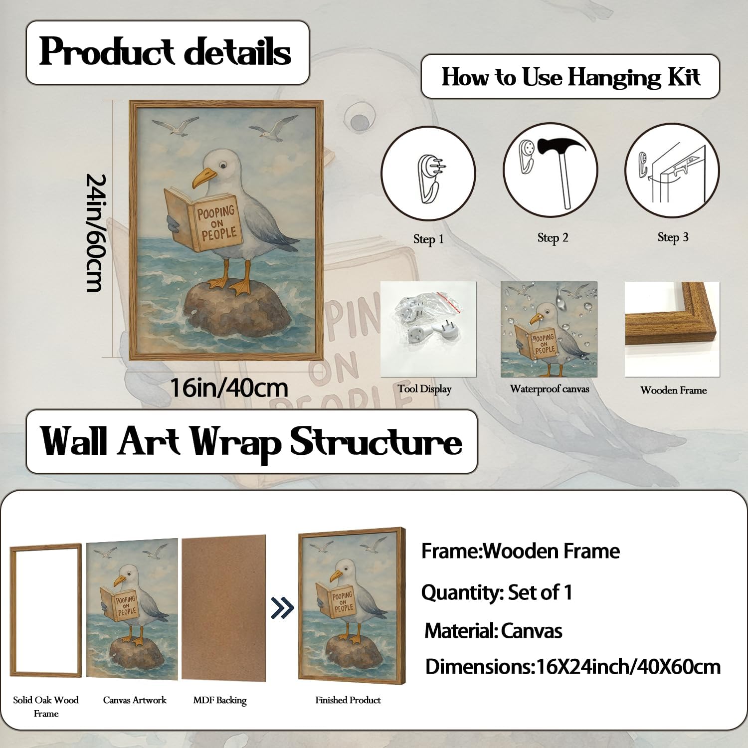 Funny Seagull Bathroom Wall Art Whimsical Bird Reading Wall Decor Picture Coastal Animal Pooping on People Quote Poster Canvas Painting Print for Bathroom Restroom 24x16 inch Wood Framed image 2