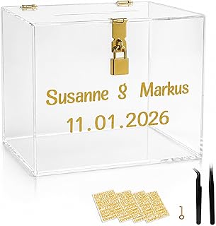 StarK Kartenbox Hochzeit – Elegante Acrylbox mit Schloss | Personalisierbar mit goldenen Buchstabenstickern inkl. Pinzette | Für Karten & Geldgeschenke, Geschenkbox Hochzeit