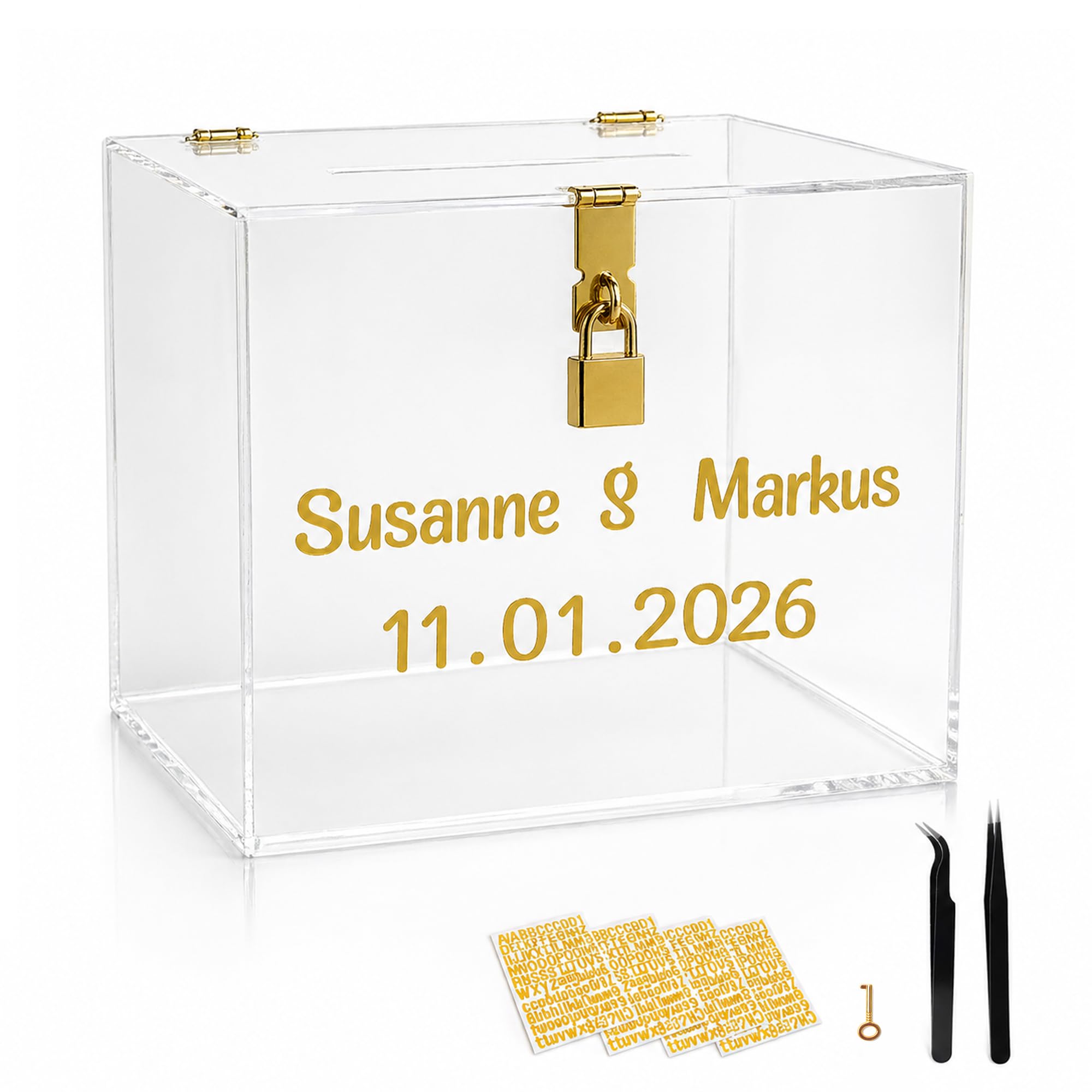 StarK Kartenbox Hochzeit – Elegante Acrylbox mit Schloss | Personalisierbar mit goldenen Buchstabenstickern inkl. Pinzette | Für Karten & Geldgeschenke, Geschenkbox Hochzeit