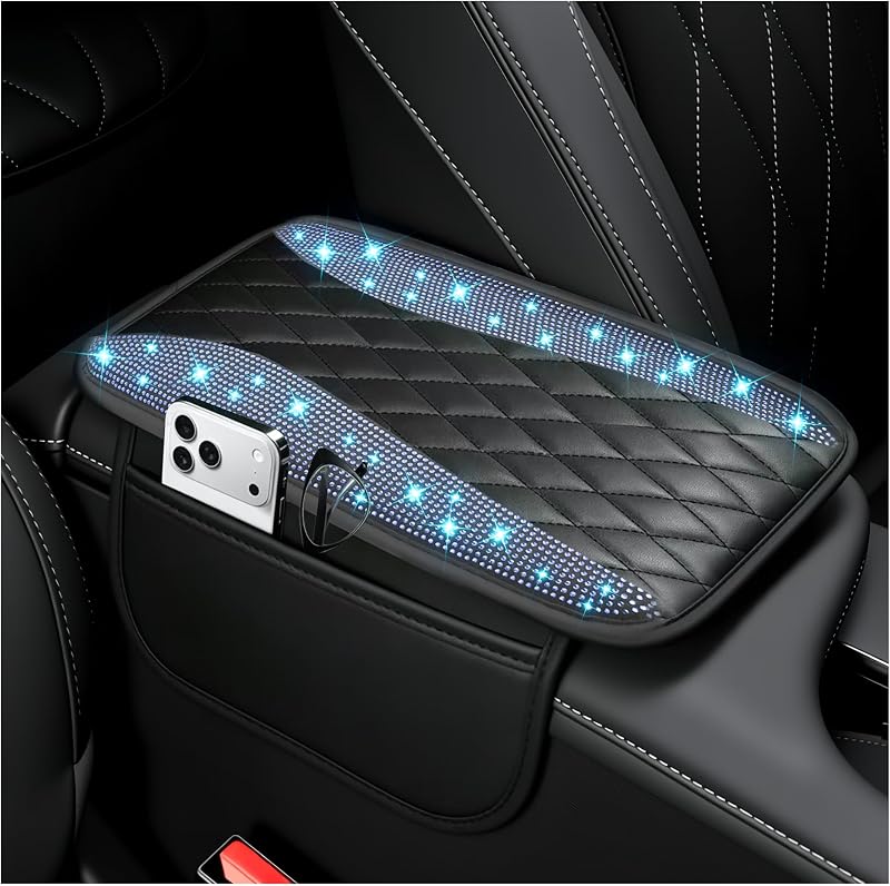 Capa para Apoio de Braço do Console Central IHOTDER com Strass e Bolsos Laterais Azul com Brilho – 1 unidade