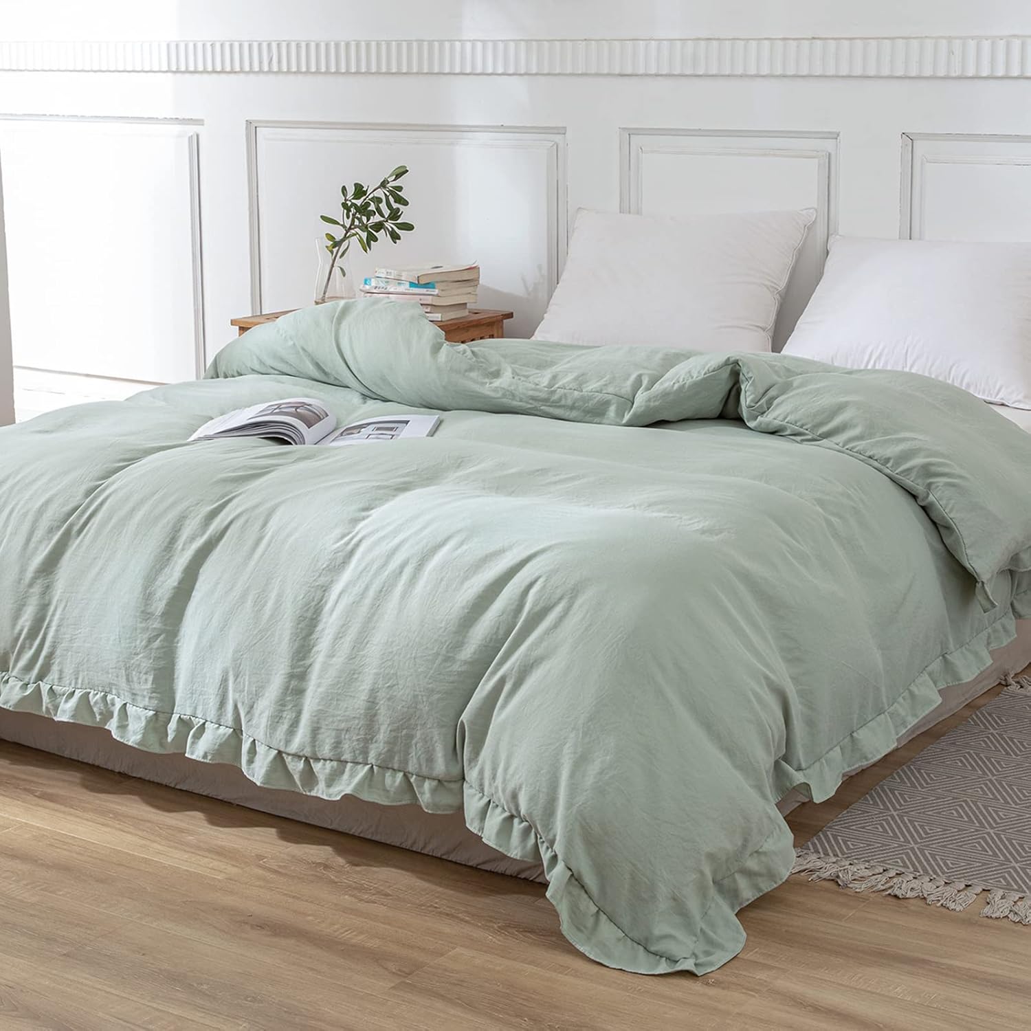 Sage Green Bedding Shabby Ruffle Comforter Cover Super Soft Breathable Durable Microfiber Farmhouse Cottage Bedding Light Green Duvet Cover 1 Piece(Green Ruffle, Twin)