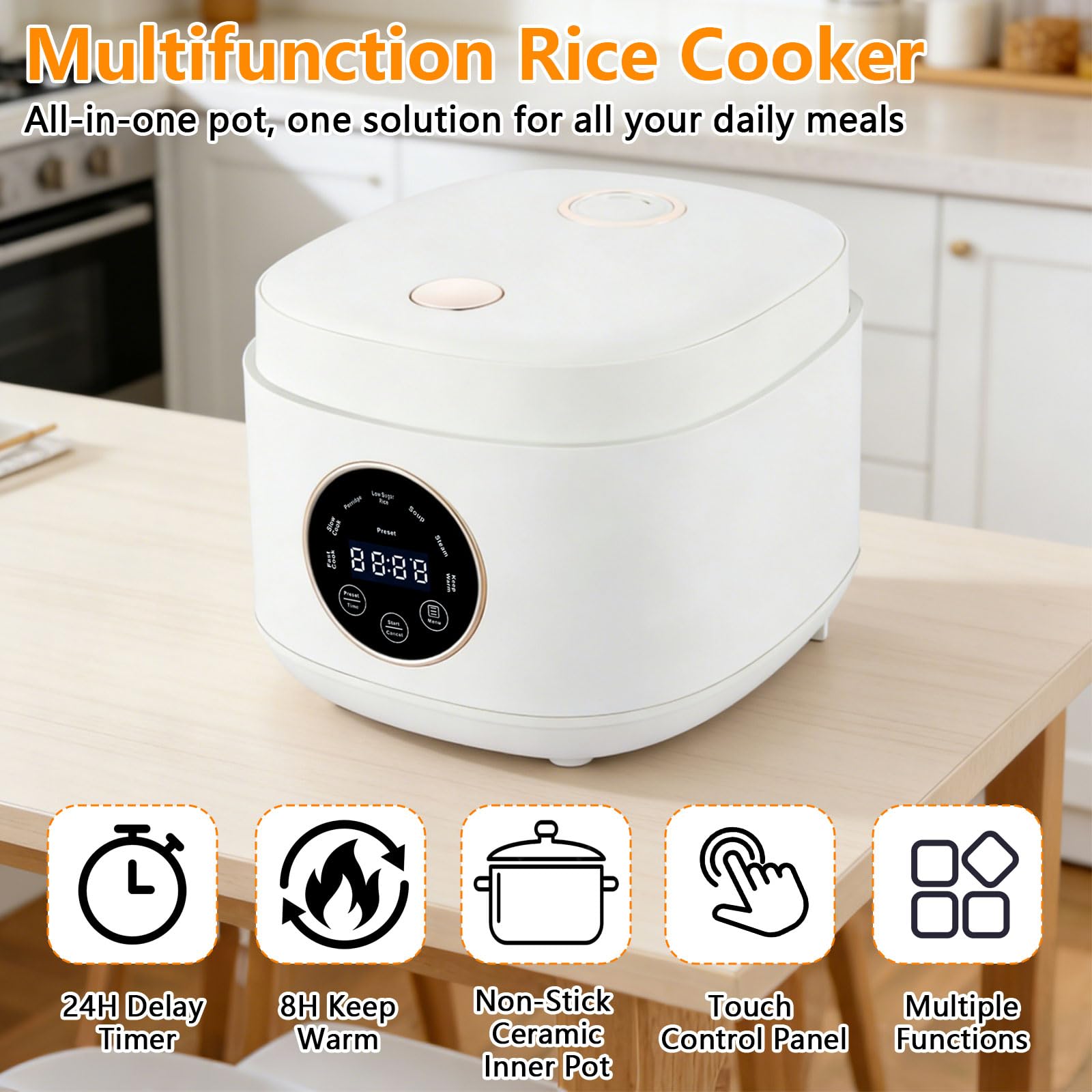 2L Low Sugar Reiskocher, Rice Cooker mit Low Carb Funktion, 500W Digitaler Multikocher mit 24-Stunden-Verzögerungstimer und 8-Warmhaltefunktion – Ideal für Weißreis, Brei, Suppen und Getreide