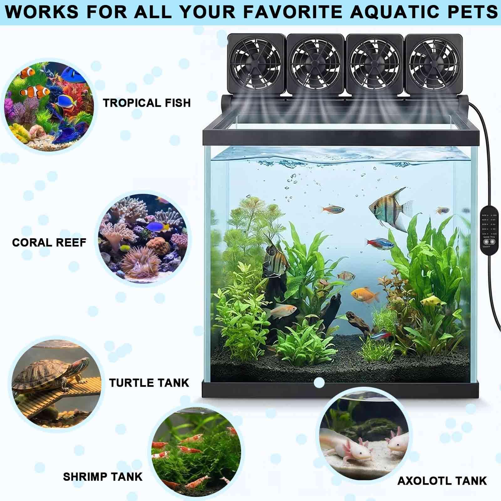 Refrigeratore per acquario a 4 ventole, con regolatore regolabile a 5 velocità, 5 impostazioni timer, ventola di raffreddamento per acquario, regolazione a 90°, silenziosa, per serbatoio