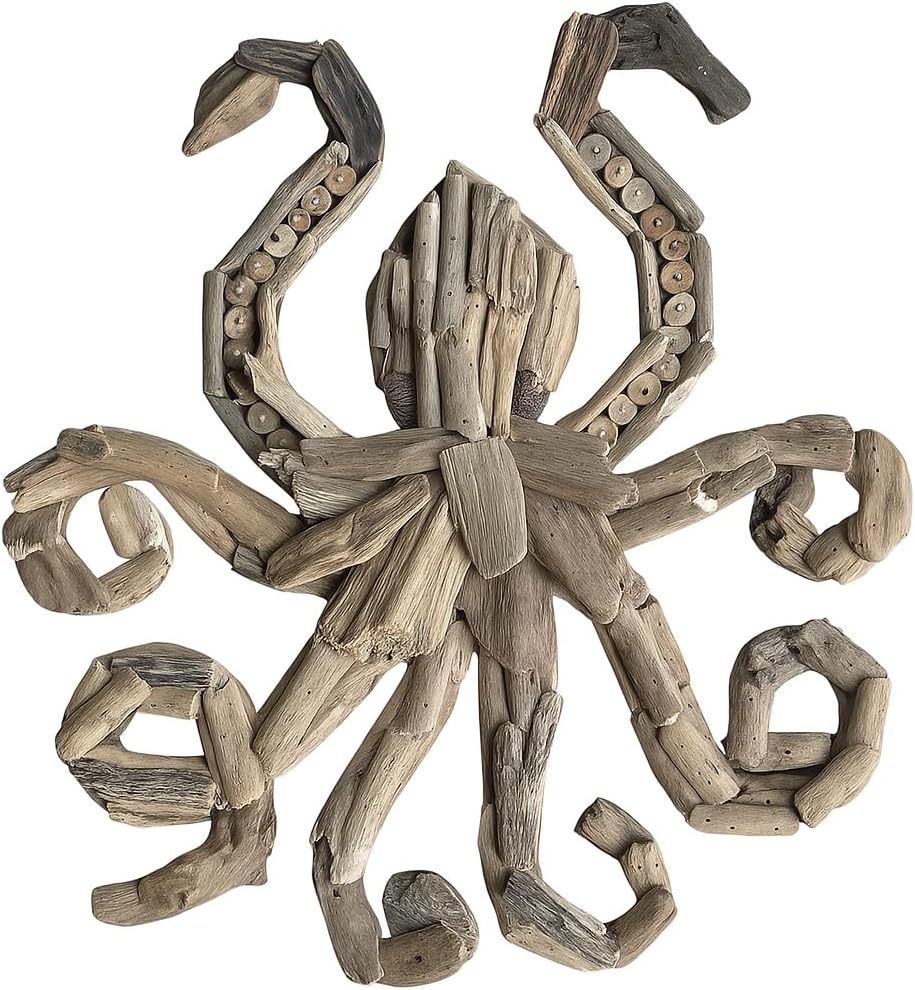 OMA Driftwood Octopus Wall Art – Handcrafted Coastal Beach & Rustic Farmhouse Style Driftwood Wall Decor for Home, Living Room, Bathroom, Beach House – Large Size