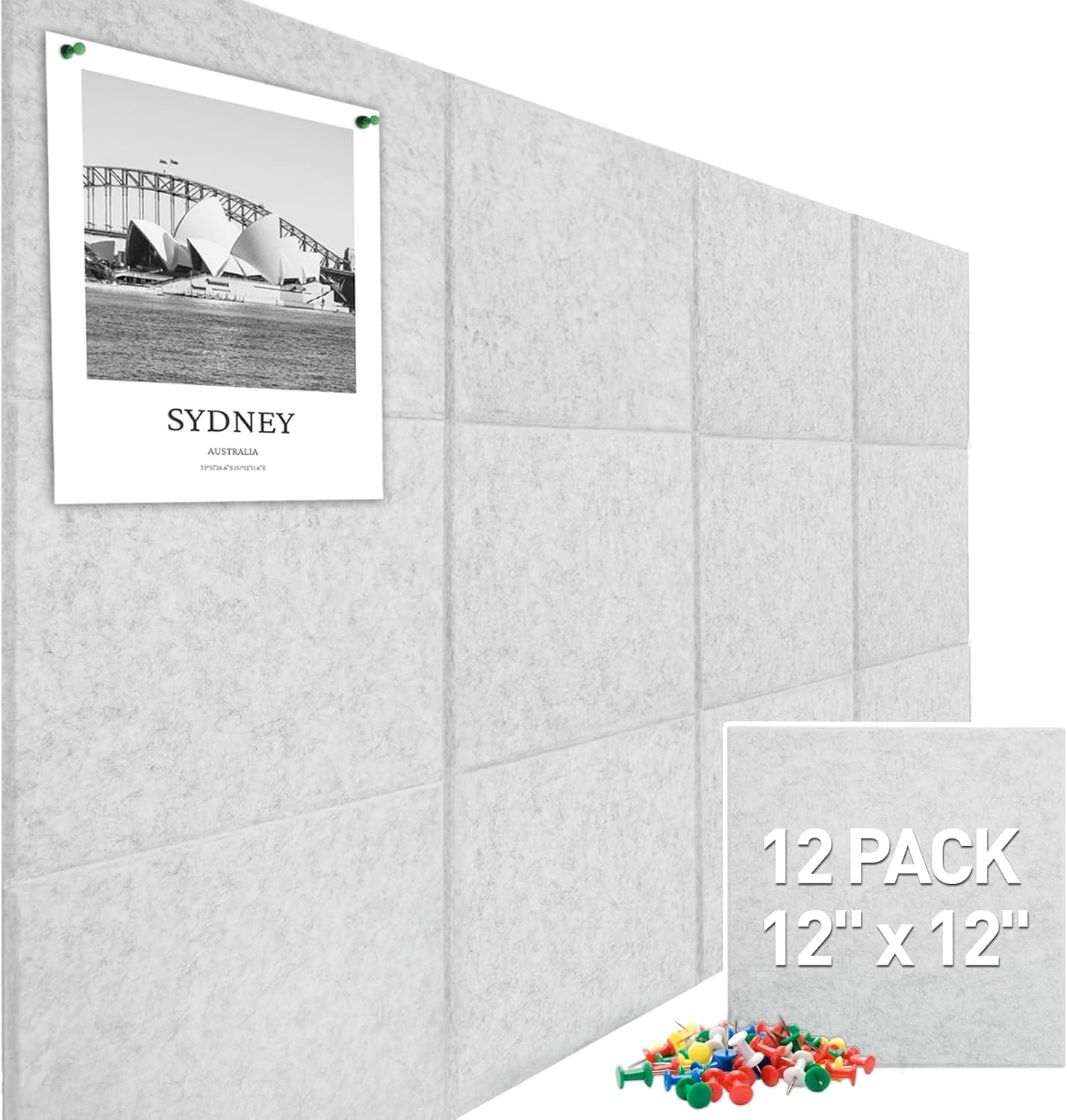 Large Cork Board Felt Wall Tiles, 47"x35" 12 Pack Felt Bulletin Board Pin Board with 48 Safe Removable Adhesive Tabs, 60 Push Pins, Alternative Cork Board for Walls Home Office, Light Grey Light Gray 12 PACK