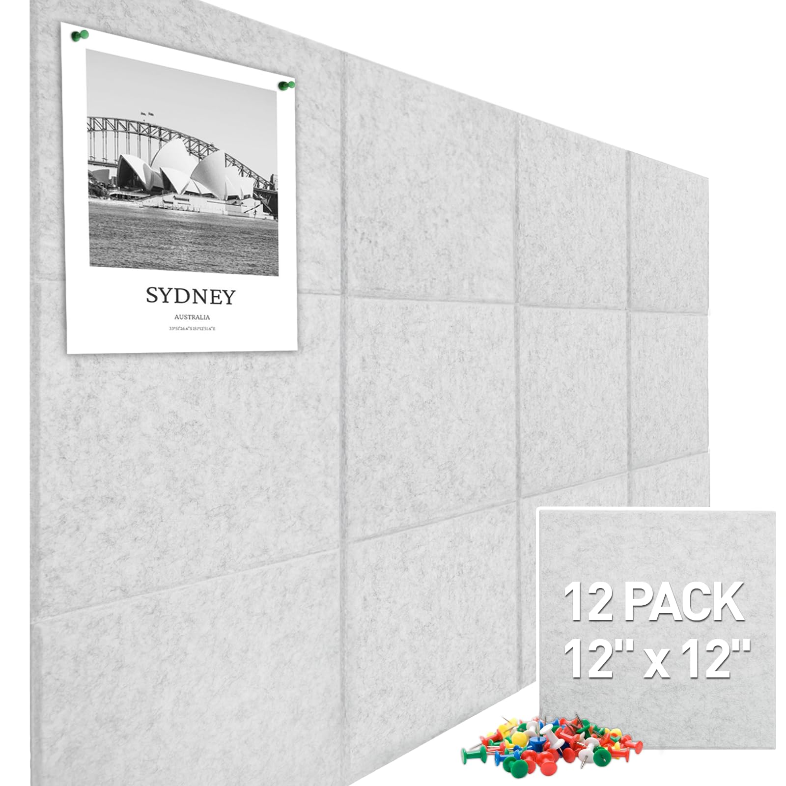 Large Cork Board Felt Wall Tiles, 47"x35" 12 Pack Felt Bulletin Board Pin Board with 48 Safe Removable Adhesive Tabs, 60 Push Pins, Alternative Cork