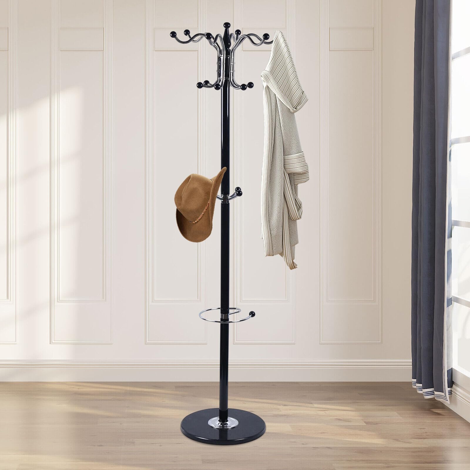 Treeisland Perchero con paragüero de 170 cm de metal con base de mármol y 16 ganchos para ropa