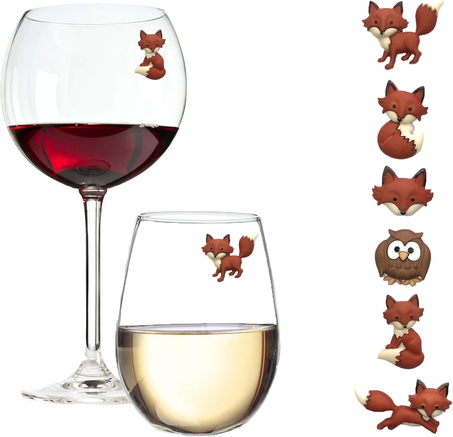 Simply Charmed Fox and Owl Wine Glass Charms - Magnetic Drink Markers for Regular or Stemless Glasses
