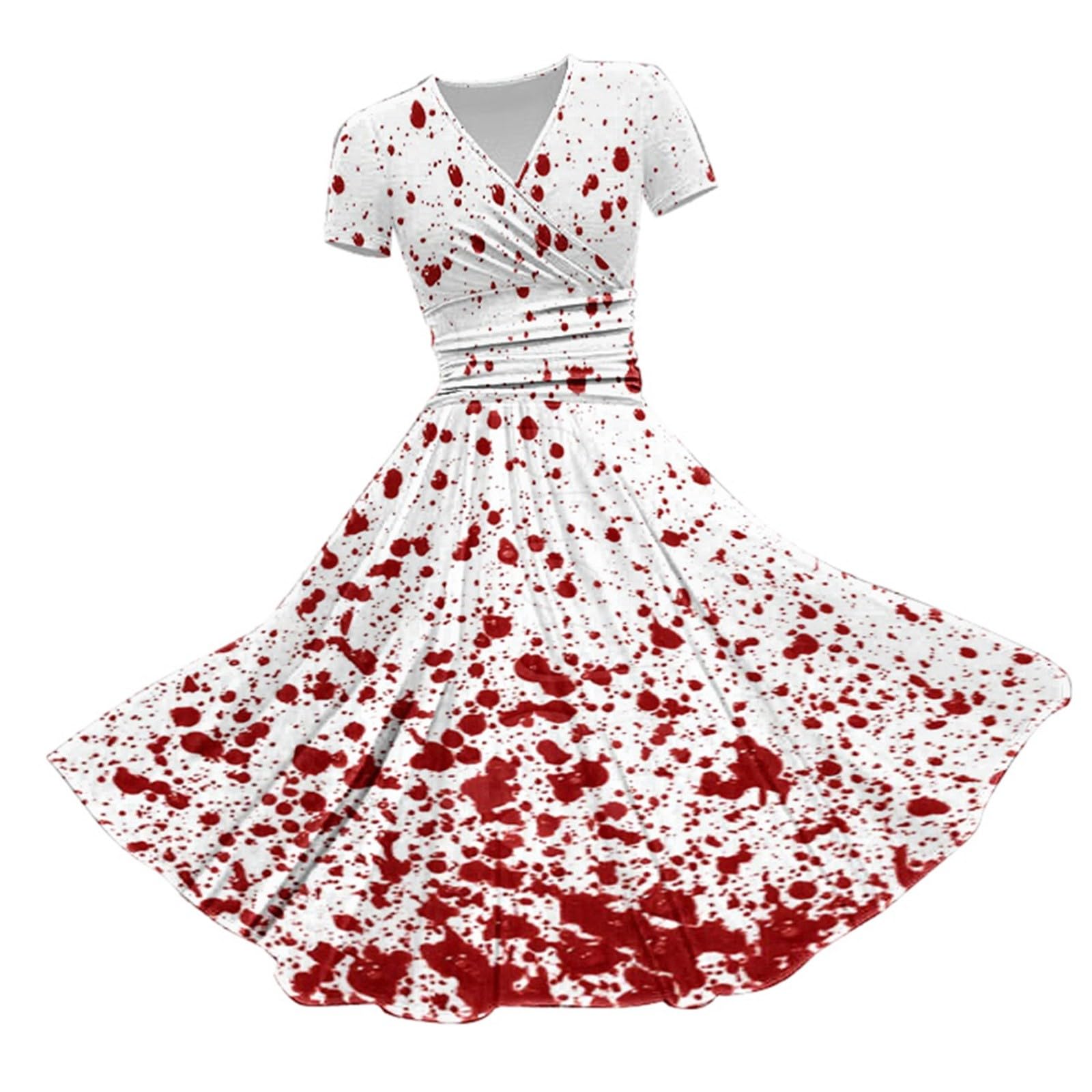 HUIFUAO Plus Size Sexy Halloween Costumes Woman 2025 Scary Bloody Fancy Dress Plus Size Halloween Dress V Neck Short Sleeve Party Evening Horror Festival Cosplay Outfits Clothes (Red #5, B)