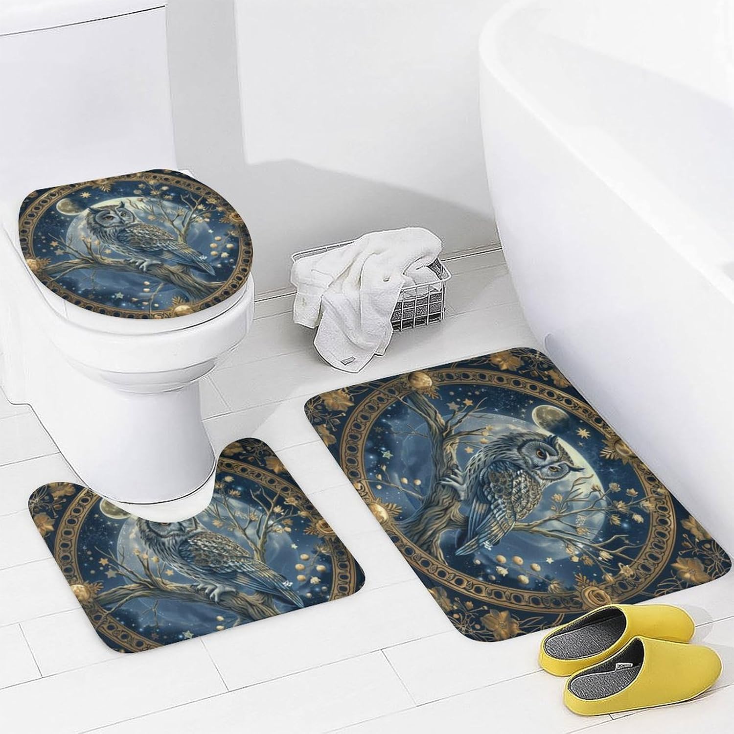 4Pcs Vintage Bird Owl Shower Curtain Sets, Bath Mat and Rugs, Galaxy Starry Sky Moon Shower Curtain with Hooks for Bathroom