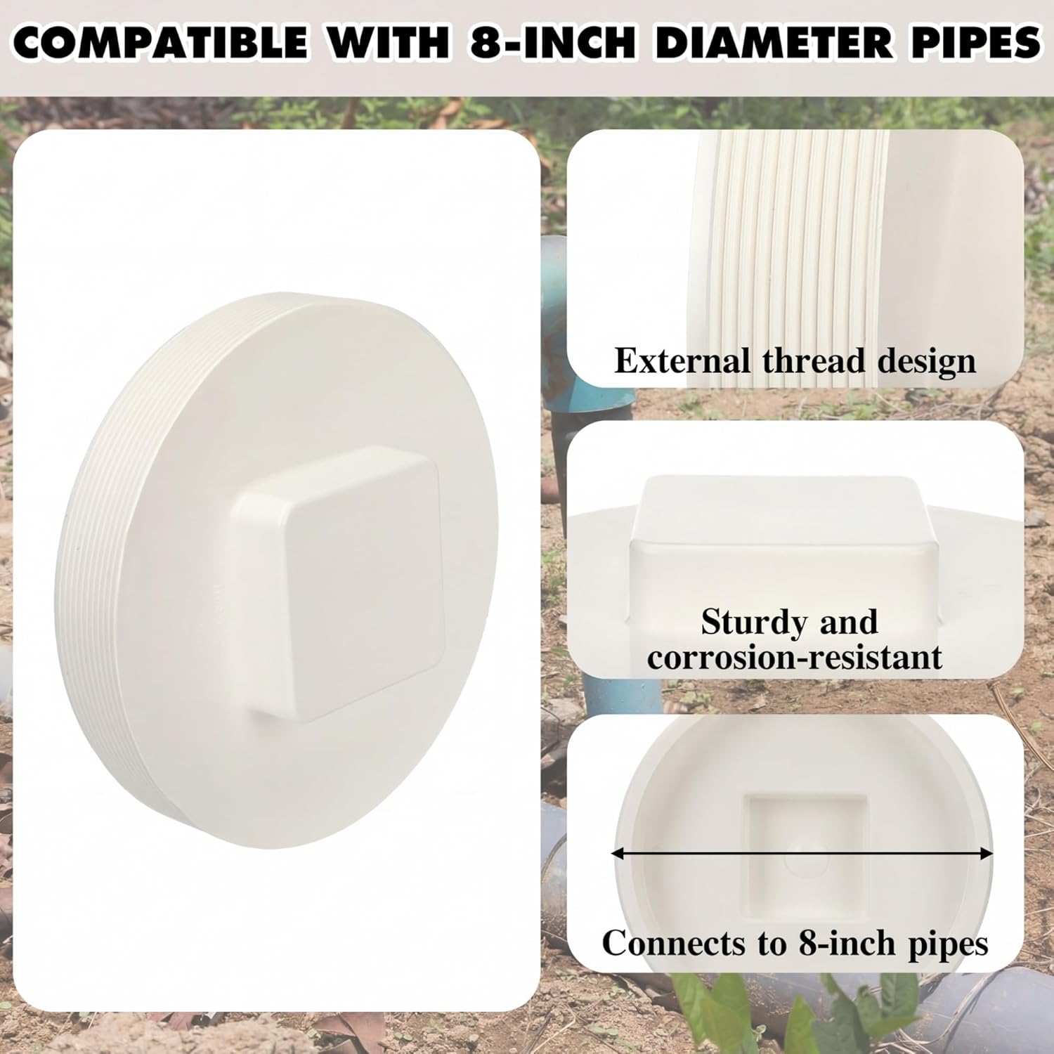 Frienda 8 Inch Npt Male Threaded PVC Cleanout Plug PVC Dwv Pipe Fitting Flush Sewer Cover Cleanout Cap Adapter for Plumbing Water Line Drainage Piping System