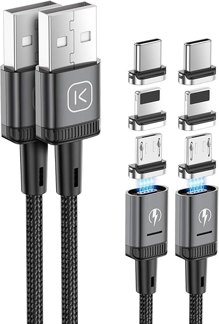 Kuulaa 3-in-1 Magnetic Charging Cable, 3A Fast Charge Phone Charger Cables Nylon Braided with Led Light Magnetic USB Charging Cord for Micro USB, Type C Devices & iProducts (2 Pack 1M + 2M, Gray)