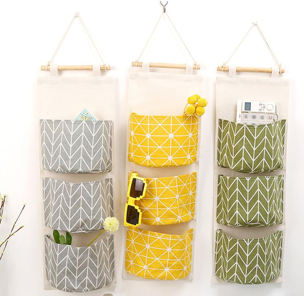 3Pcs Wall Hanging Storage Bag, Creatiee Waterproof Over The Door Closet Organizer Linen Farbric Hanging Pocket Organizer with 3 Remote-Sized Width Pockets for Bedroom