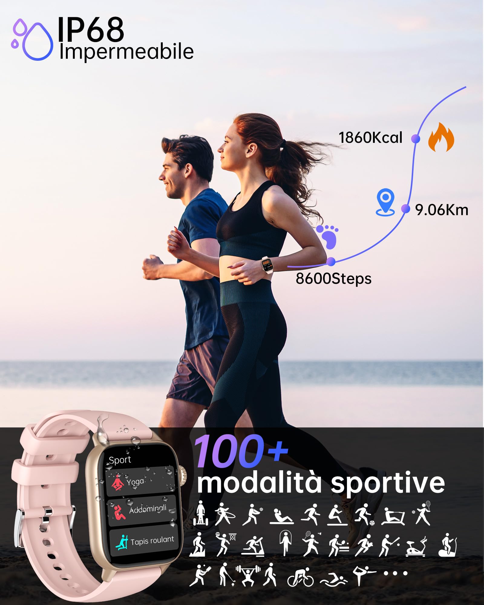 LLKBOHA Smartwatch-Donna-Uomo - 1,85'' Schermo Orologio Smart Watch, Effettua/Risposta Chiamate, 7/24h Cardiofrequenzimetro/Ossigeno Nel Sangue/Contapassi/Monitoraggio del Sonno, per Android iOS