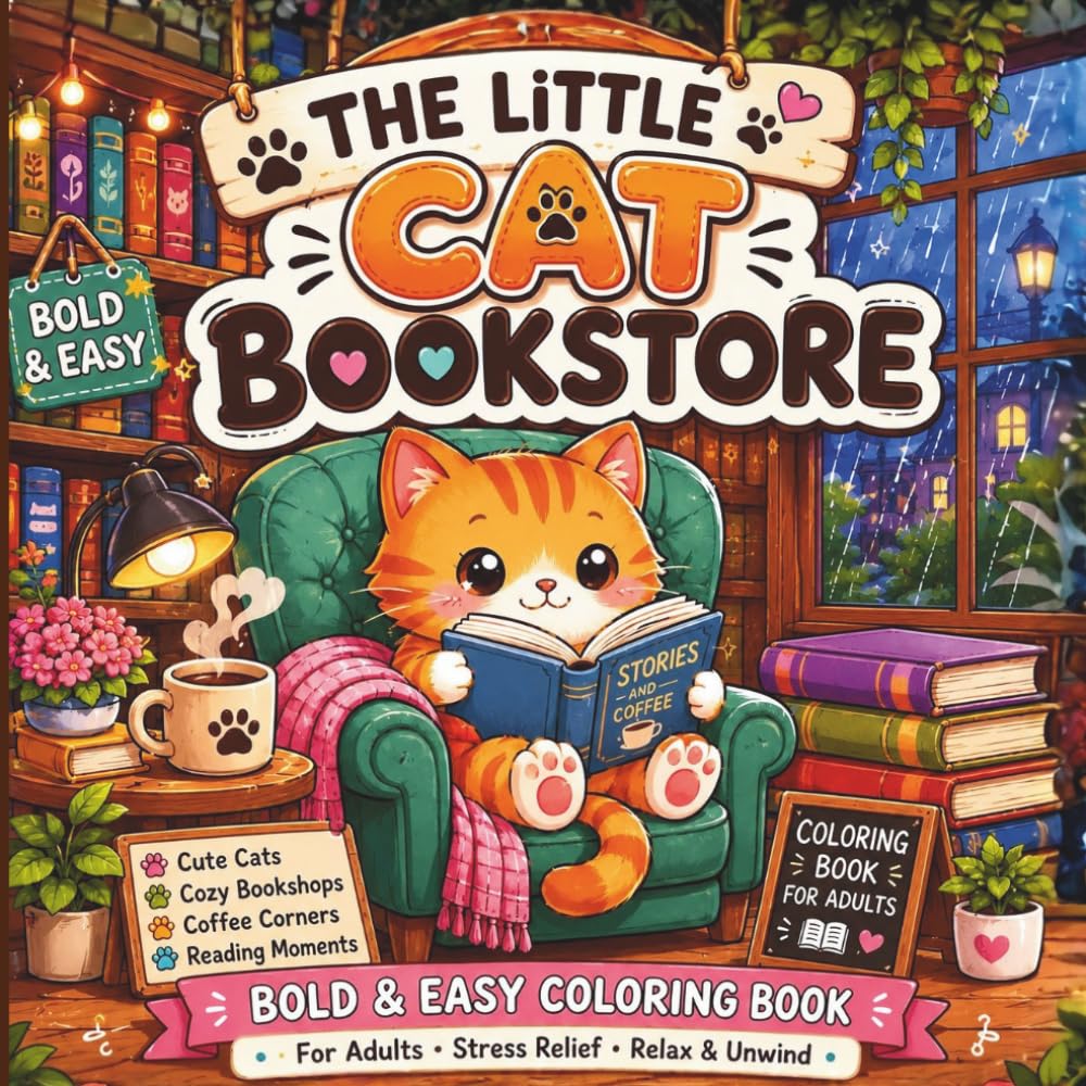 The Little Cat Bookstore: Cute Cats, Cozy Bookshops, Coffee Corners & Rainy Reading Nooks | A Bold & Easy Coloring Book for Adults and Teens