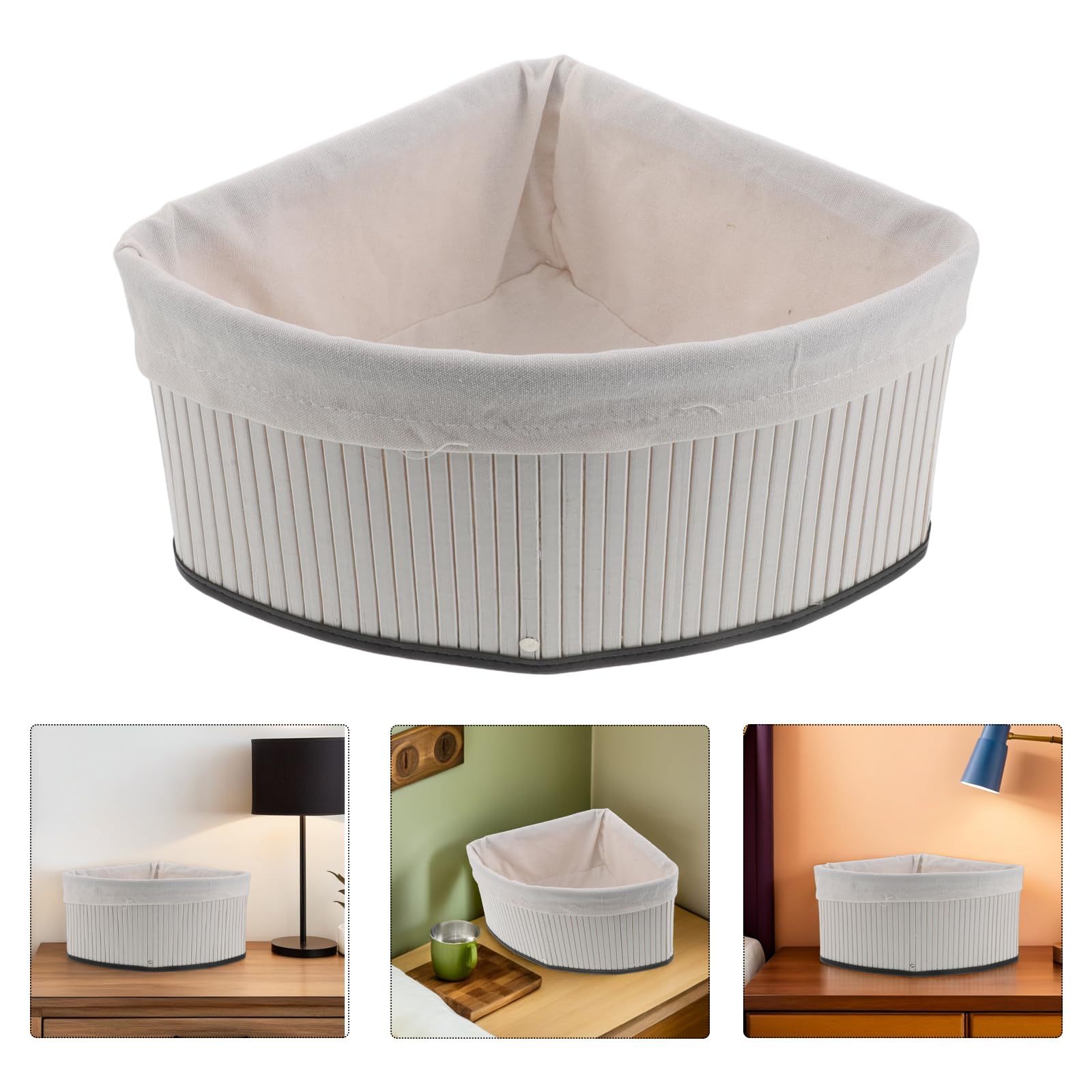 SUPVOX Cestino Angolare Intrecciato in Bambù con Fodera Lavabile, Organizer per Mensole da Cucina e Bagno, Contenitore Portaoggetti Robusto per Spazi Compatti e Scaffali