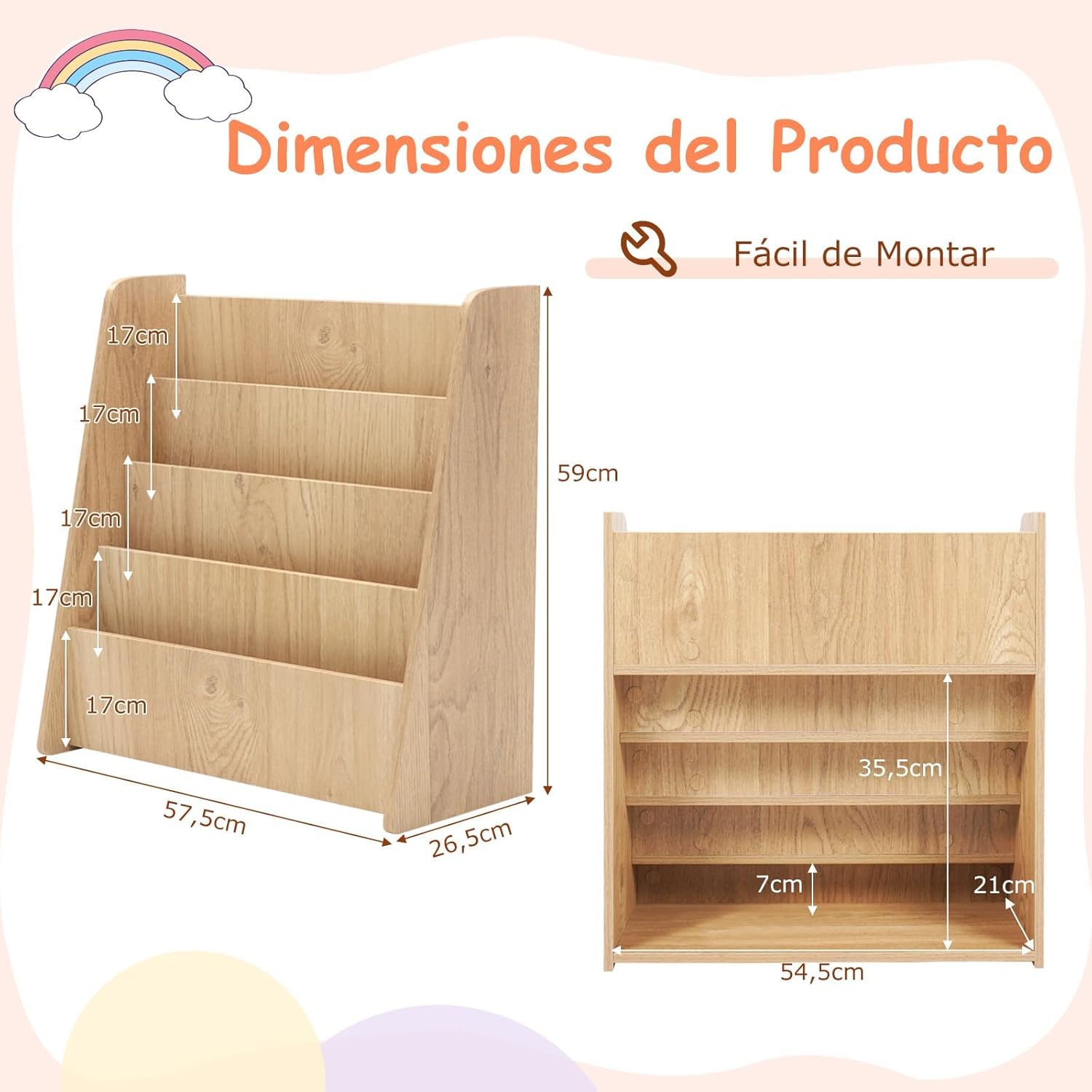 RELAX4LIFE Estantería Libros Infantil con 4 Estantes, Revistero de Madera, Mueble Estantería para Habitación Infantil y Guardería, Almacenaje Juguetes, Organizador Juguetes, 57,5x26,5x59cm (Natural)