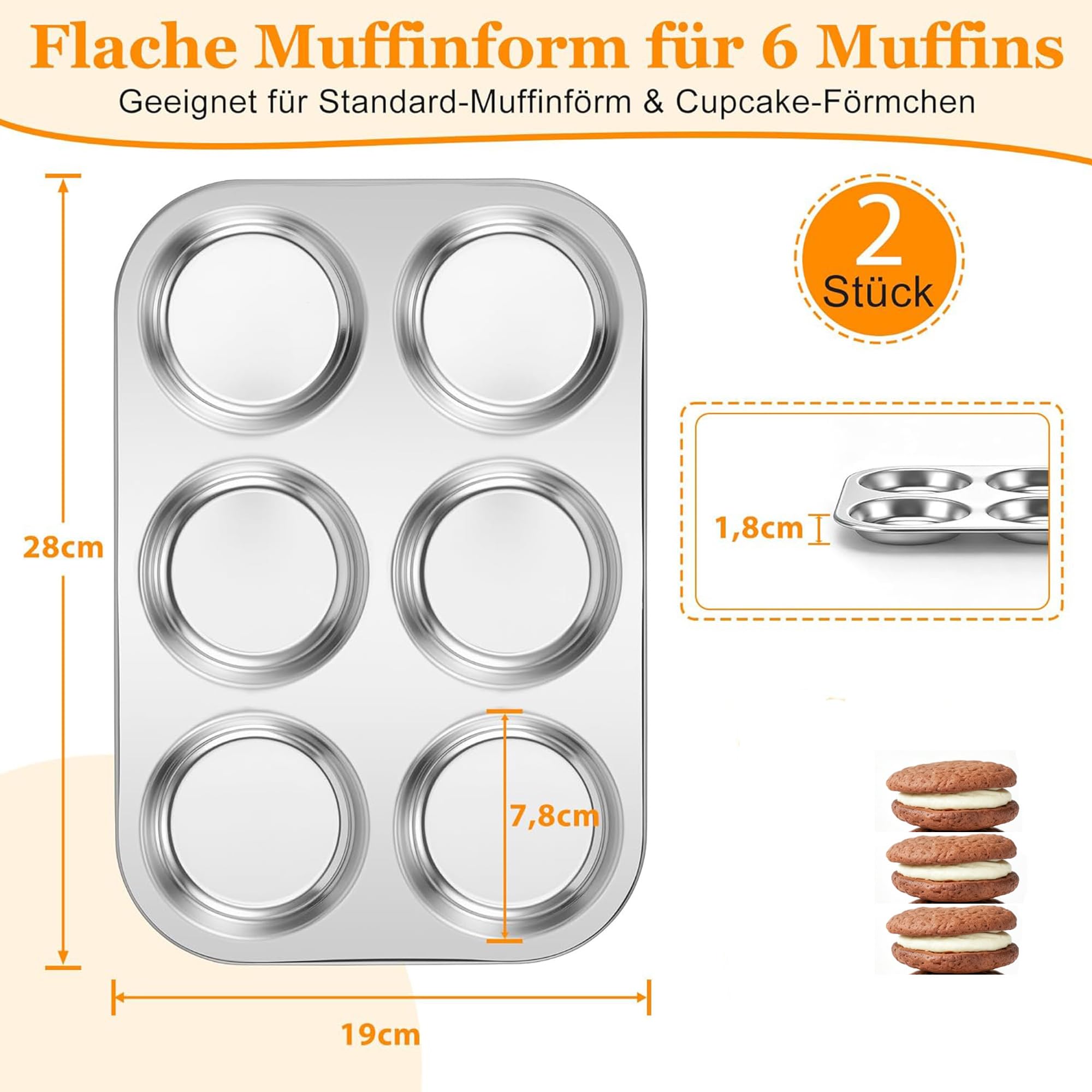 Joyfair Zestaw form do muffinów 2-częściowy, stal nierdzewna Płaska forma do pieczenia na 6 sztuk, 28 x 19 x 1,8 cm Forma do pieczenia na muffiny do Whoopie Pie, Yorkshire-Pudding, Babeczki