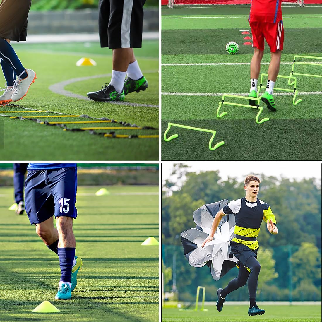 Fussball Trainingszubehör, Fussball Trainingsset Koordinationsleiter Trainingsleiter, 20 Hütchen, Einstellbare Hürden, Widerstandsschirm, Springseil, Bänder, Fussball Geschenk Jungen