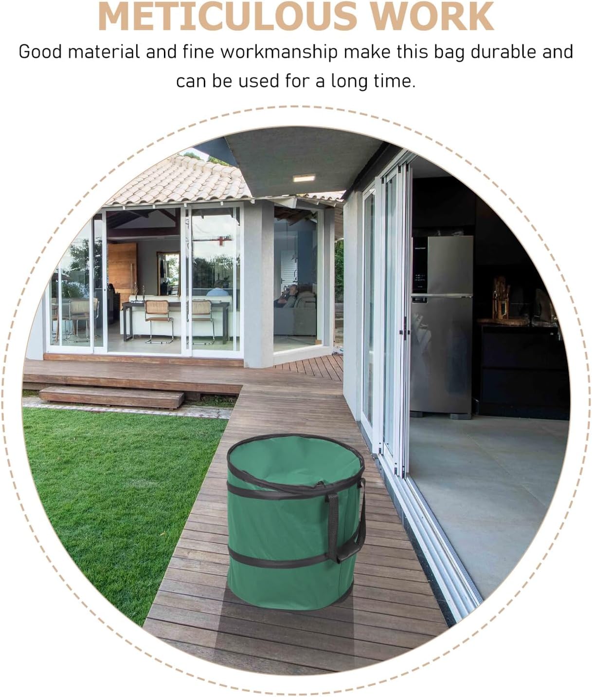 FRCOLOR Collapsible Oxford Fabric Garden Fallen Leaves Bag with Lid, Portable Yard Leaf Waste Container 47x50cm, Green Handle Reusable Trash Can for Outdoor Lawn Cleanup