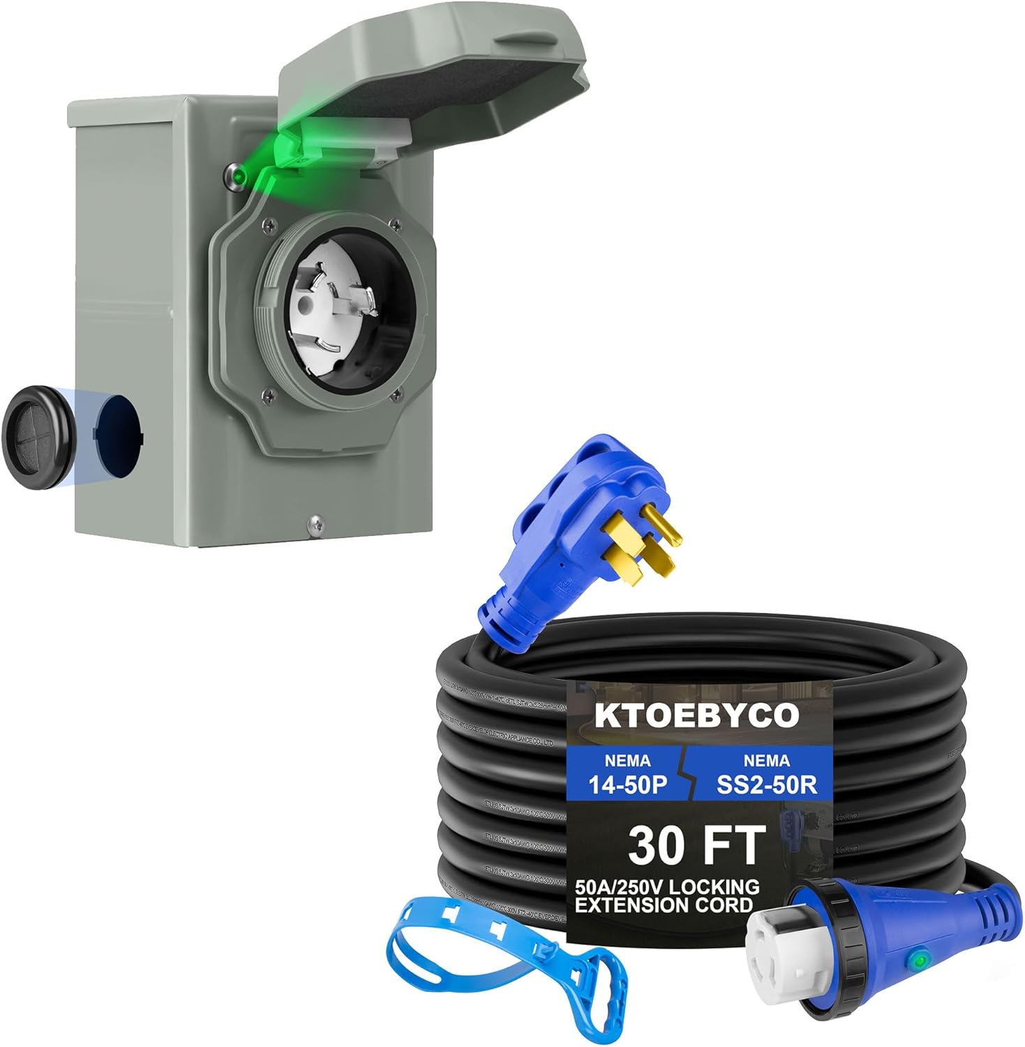 50 Amp Generator Inlet Box, NEMA SS2-50 Pre-Drilled Power Inlet Box for 3 Prong Generator Cord, 50 Amp RV Extension Cord 30 ft 250V, NEMA 14-50P to SS2-50R Cable with Power Indicator& Polarity Lamp