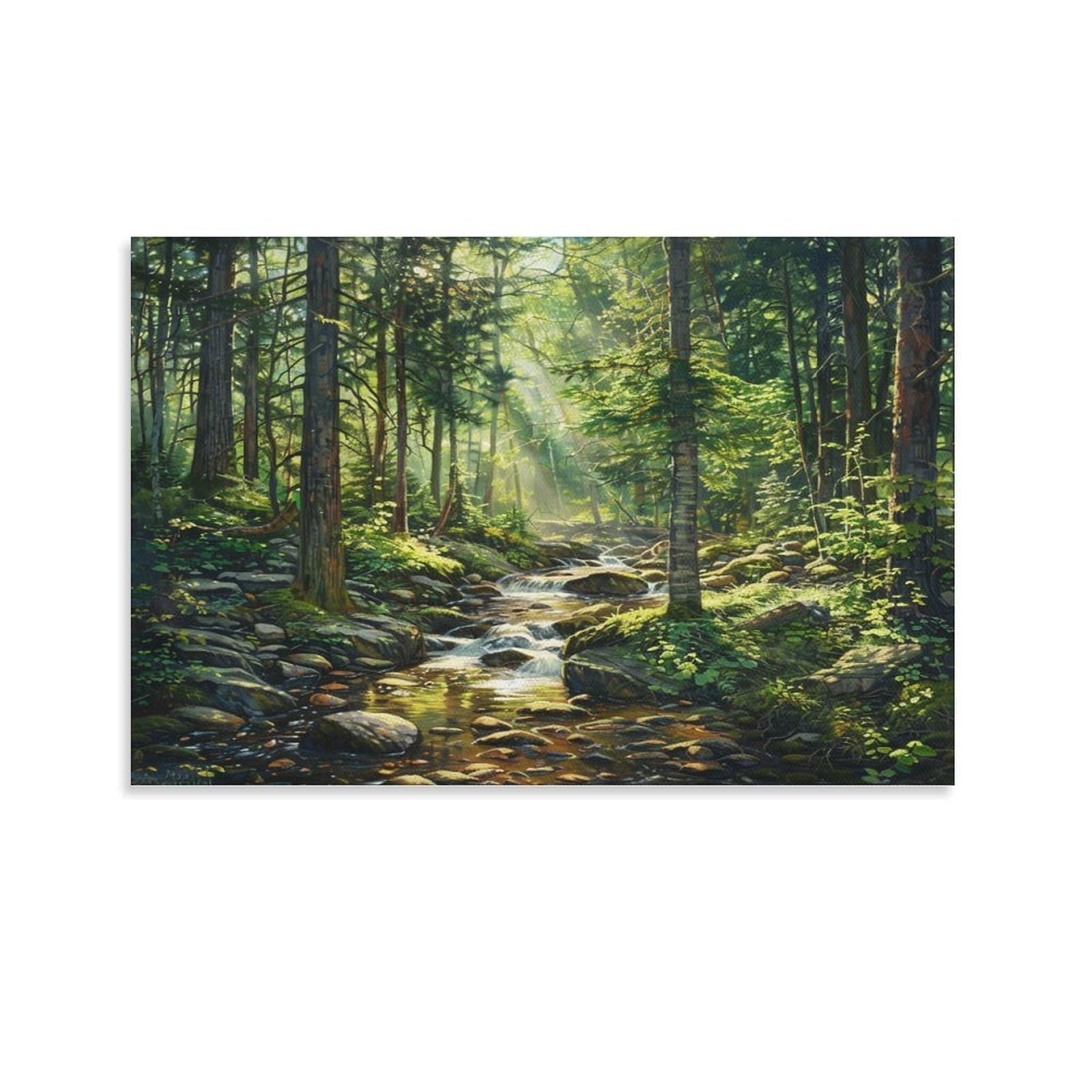 Euumkoo Unframed Abstract Forest Canvas Wall Art, Watercolor Green Trees River Landscape Picture Painting On Canvas, Print Poster Decoration Artwork For Home Living Room Bedroom Wall Decor Uframe 20X30inch(50X75cm)