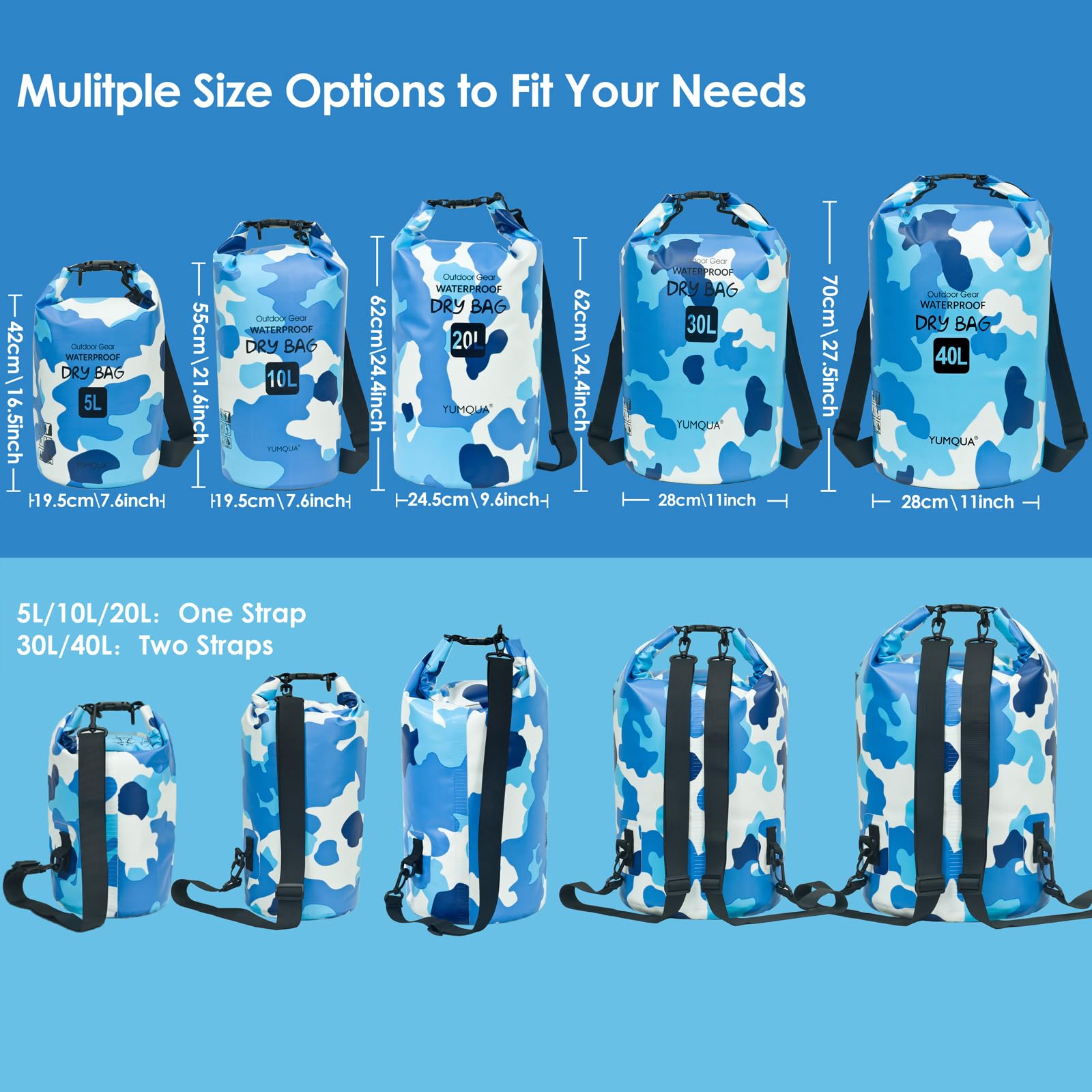 YUMQUA Sac à Dos étanche 5 L/10 L/20 L/30 L/40 L, Sac de Rangement Flottant étanche pour Kayak, Bateau, Natation, randonnée, Camping et pêche