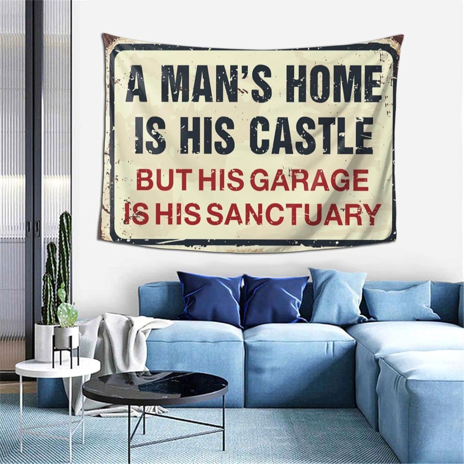 Wall Tapestry For Bedroom A Man'S Home Is His Castle But His Garage Is His Sanctuary Tapestry Ceiling Decor Funny Kitchen Decor(100X150CM)