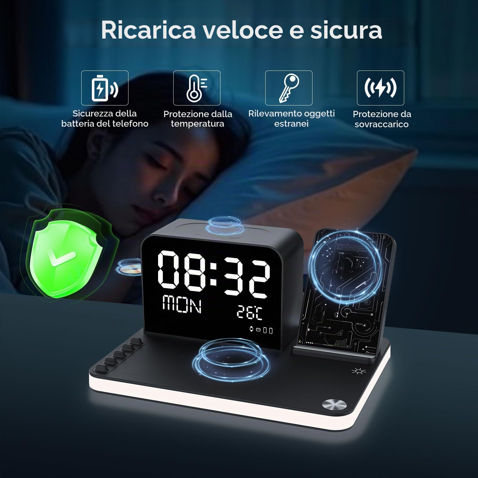 Caricabatterie wireless 7 in 1 con orologio, temperatura e data, compatibile con iPhone 17/16/15/14/13 Pro Max, AirPods e Apple Watch, compatibile con Samsung S25/S24, luce notturna regolabile, 33W