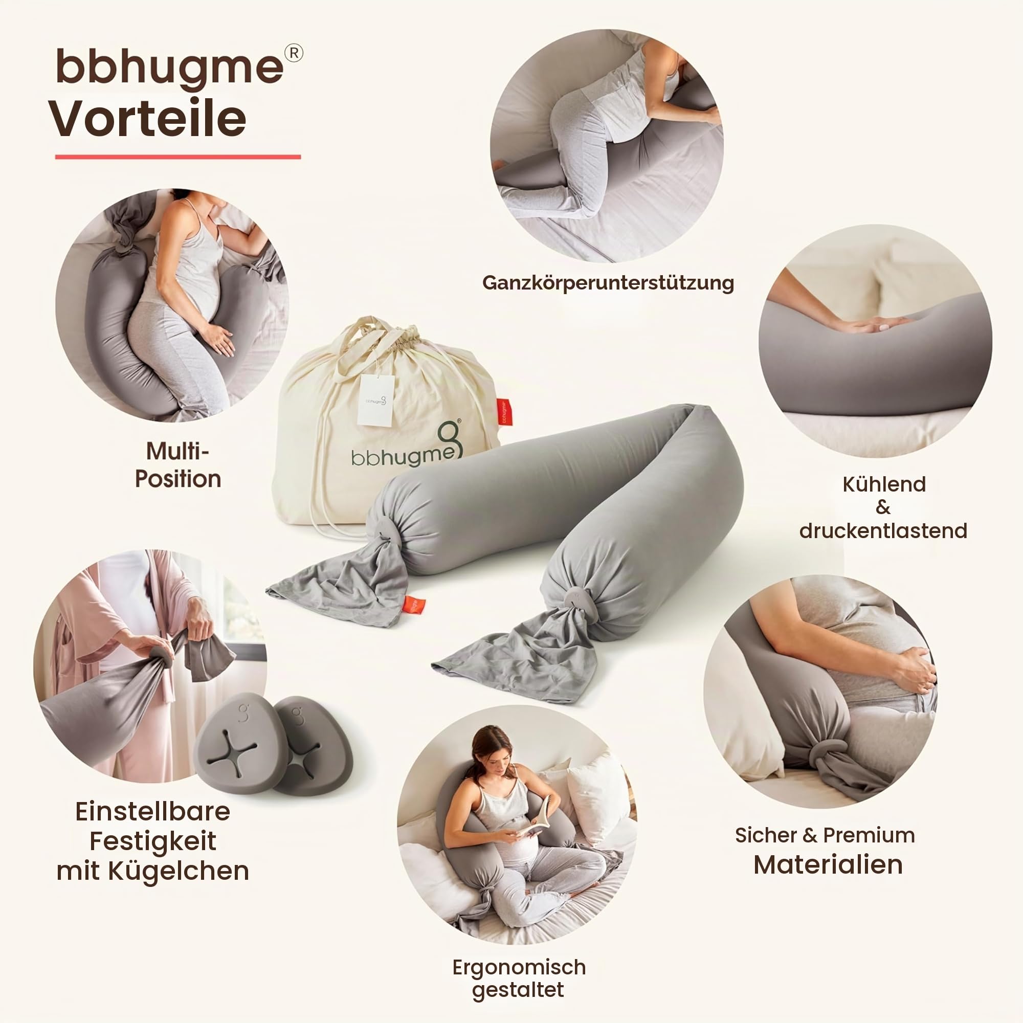 bbhugme® Schwangerschaftskissen™, das preisgekrönte Schwangerschafts- & Stillkissen & Ganzkörper-Stützkissen - Stein