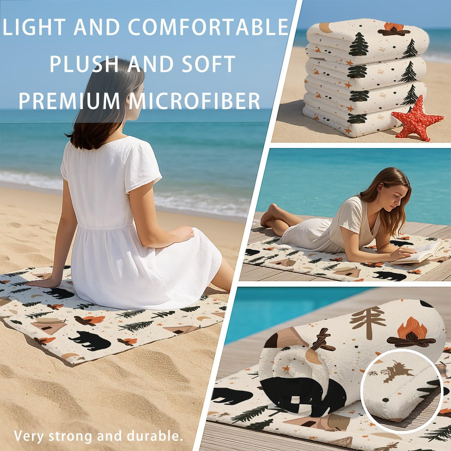 Serviette de Plage Microfibre Vintage Rustique, Drap de Plage Campagne Aventure Cocooning Silhouette Tente Ours Séchage Rapide Anti Sable & Légère, Serviette de Bain 200 cm x 100 cm Accessoire