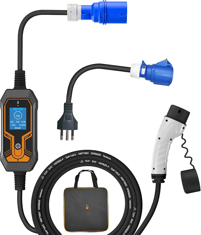 Carregador Portátil EV INTELAR 7KW 32A 1-Fase Tipo 2 IEC62196-2, Ajuste de Corrente 8A-32A, IP65, Cabo 5m, Tomada CEE + Adaptador Schuko, para Veículos Elétricos