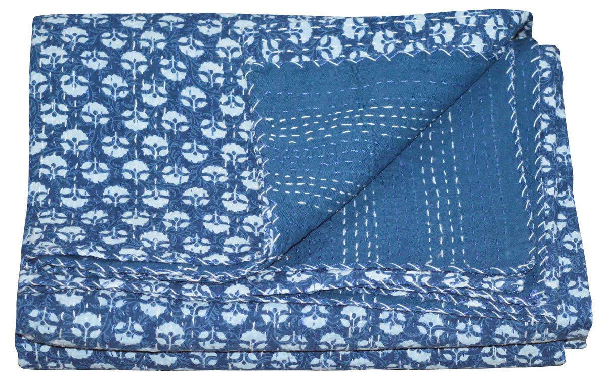 YUVANCRAFTS Kantha Indigo Screen Print Cotton Quilt Indian Bedspreads (Blue)