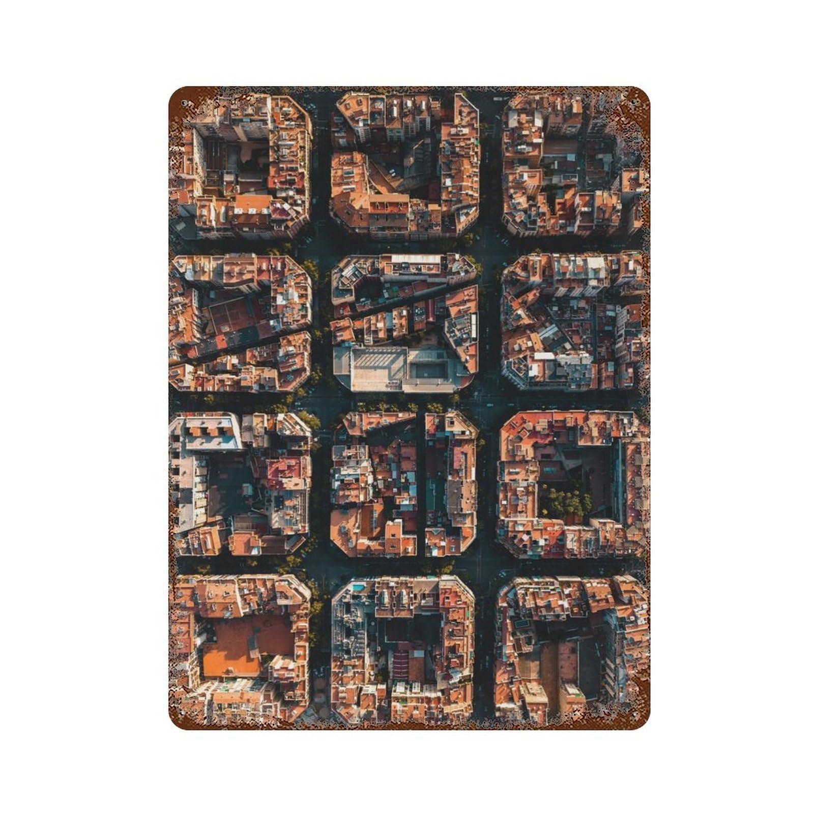 Barcelona Puzzle Rusty Metal Tin Sign 15.7"x11.8", Industrial Home Decor for Garage, Pub Or Kitchen